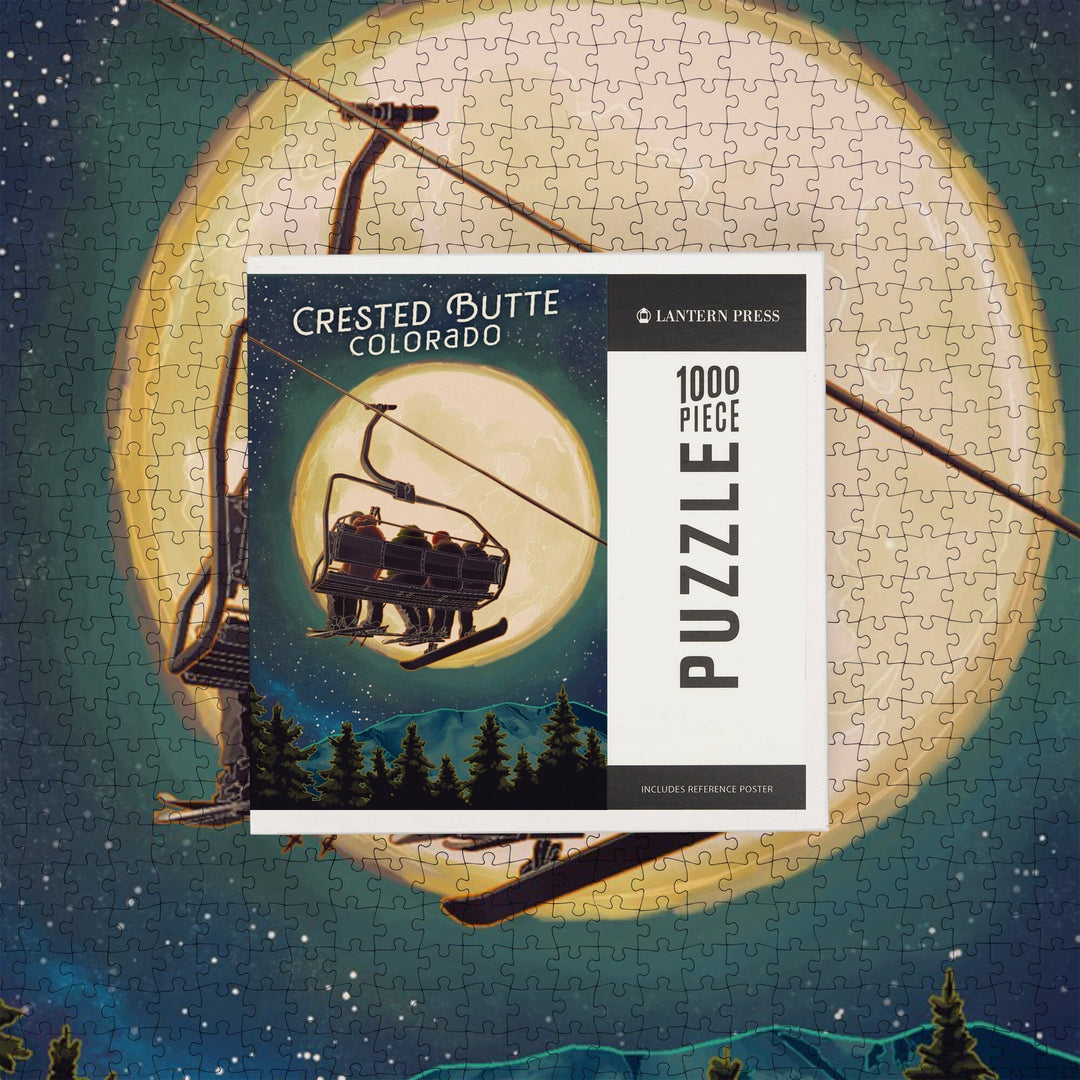 Crested Butte, Colorado, Ski Lift and Full Moon, V2, Jigsaw Puzzle Puzzle Lantern Press 