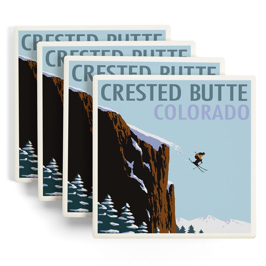 Crested Butte, Colorado, Skier Jumping, Lantern Press Artwork, Coaster Set - Lantern Press