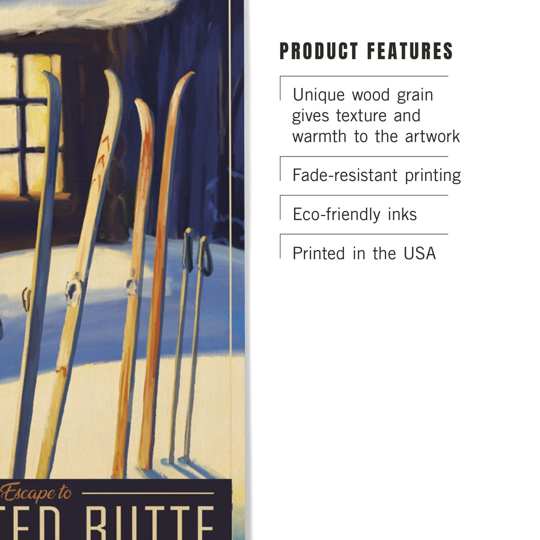 Crested Butte, Colorado, skis in snow, Lantern Press Artwork, Wood Signs and Postcards - Lantern Press