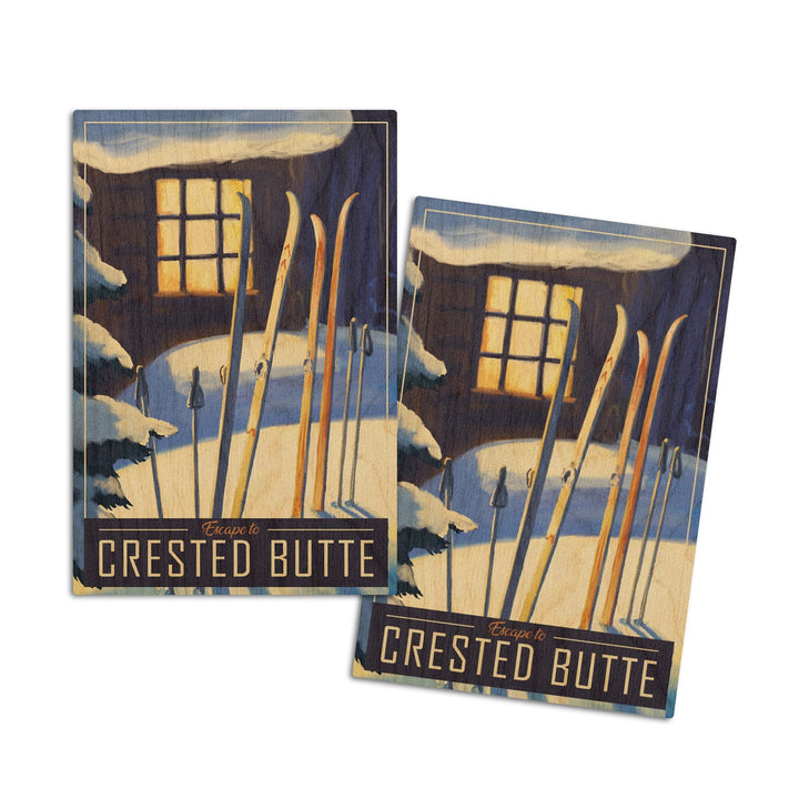 Crested Butte, Colorado, skis in snow, Lantern Press Artwork, Wood Signs and Postcards - Lantern Press