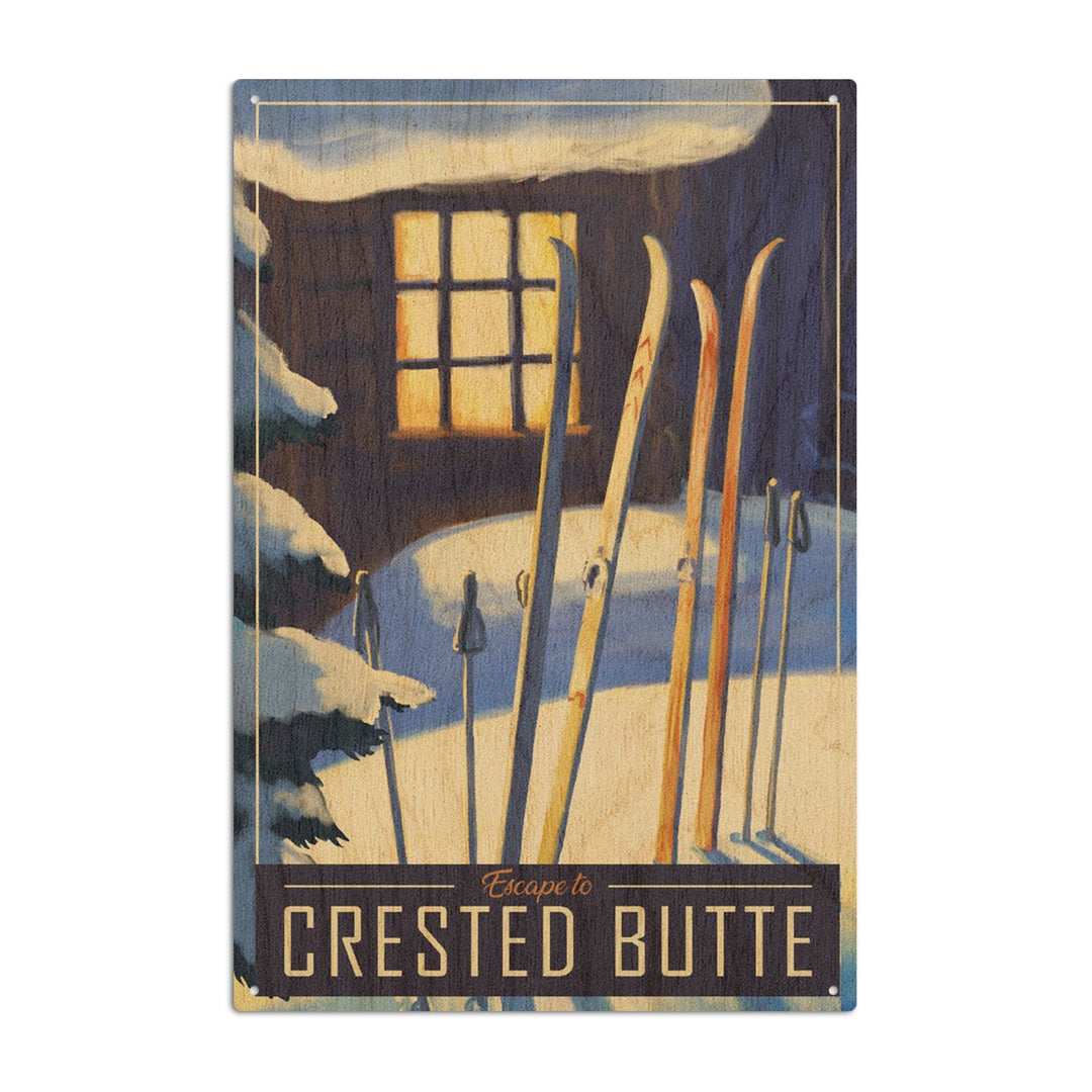 Crested Butte, Colorado, skis in snow, Lantern Press Artwork, Wood Signs and Postcards - Lantern Press