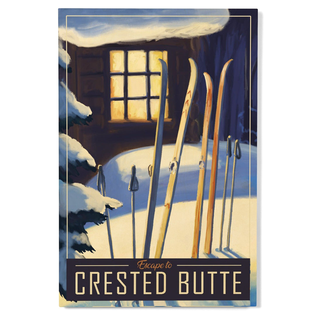 Crested Butte, Colorado, skis in snow, Lantern Press Artwork, Wood Signs and Postcards - Lantern Press