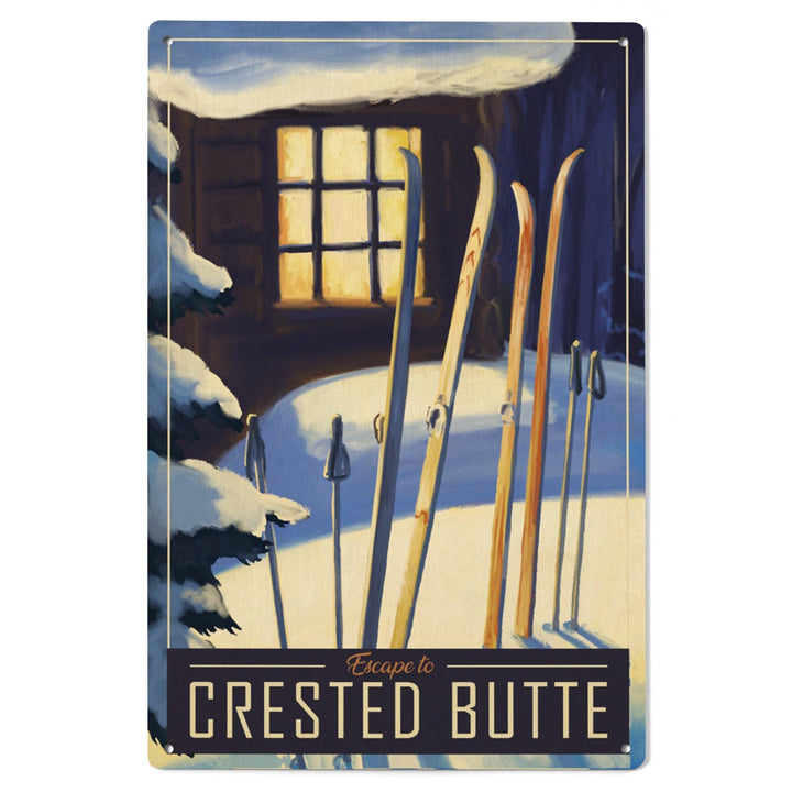 Crested Butte, Colorado, skis in snow, Lantern Press Artwork, Wood Signs and Postcards - Lantern Press