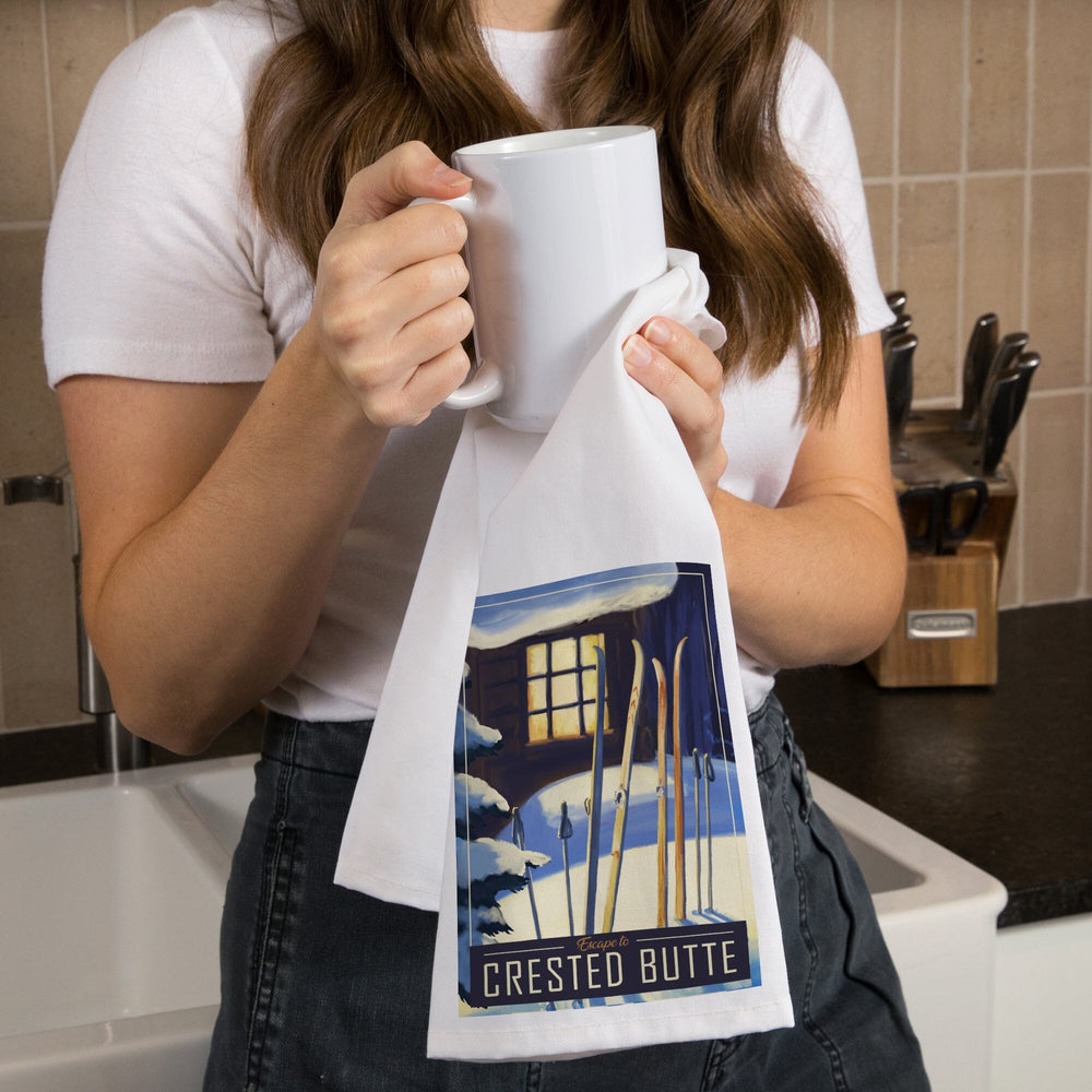 Crested Butte, Colorado, skis in snow, Organic Cotton Kitchen Tea Towels Kitchen Lantern Press 