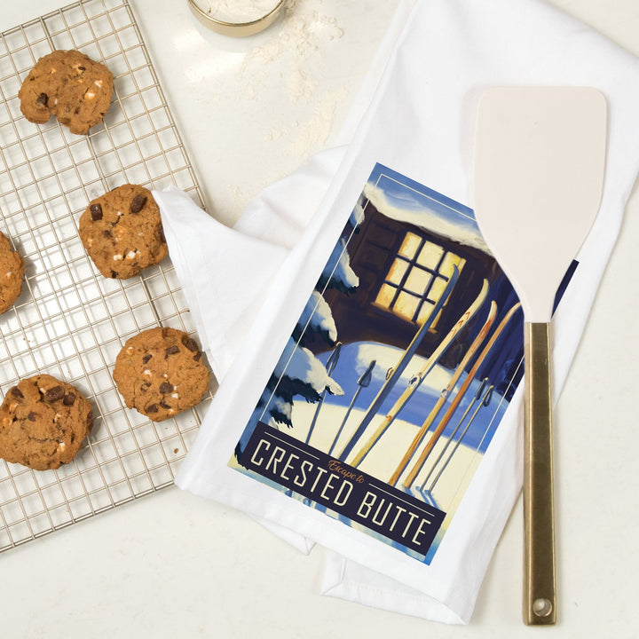 Crested Butte, Colorado, skis in snow, Organic Cotton Kitchen Tea Towels Kitchen Lantern Press 
