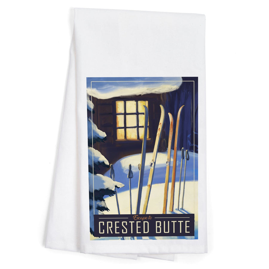 Crested Butte, Colorado, skis in snow, Organic Cotton Kitchen Tea Towels Kitchen Lantern Press 