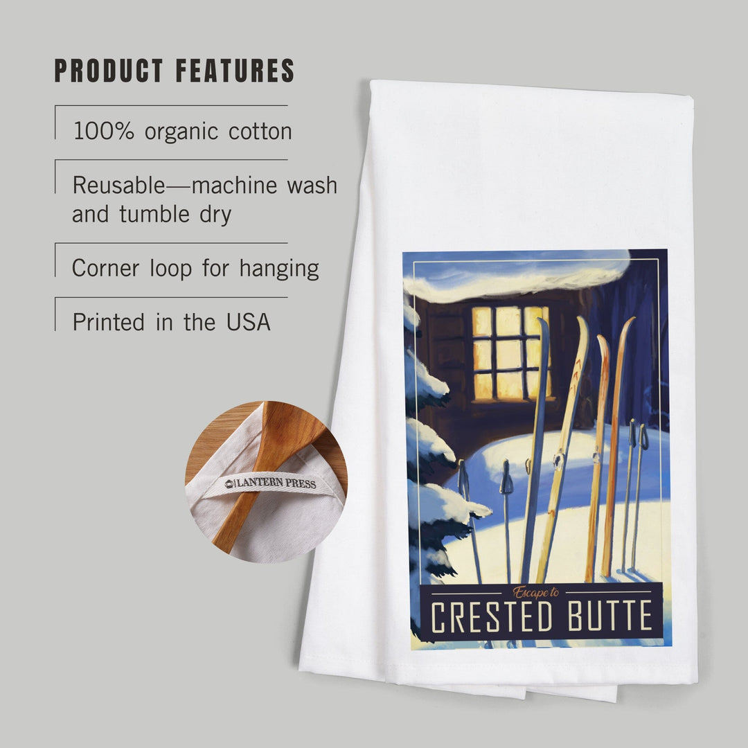 Crested Butte, Colorado, skis in snow, Organic Cotton Kitchen Tea Towels Kitchen Lantern Press 