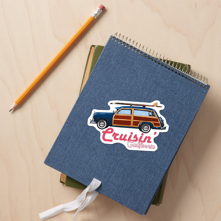 Cruisin' California, Retro Woody & Surfboard, Contour, Lantern Press Artwork, Vinyl Sticker - Lantern Press