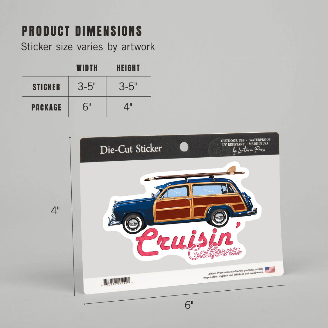 Cruisin' California, Retro Woody & Surfboard, Contour, Lantern Press Artwork, Vinyl Sticker - Lantern Press