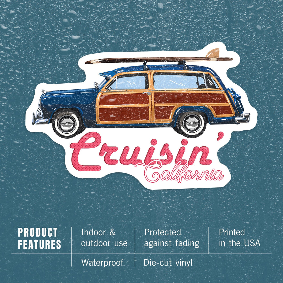 Cruisin' California, Retro Woody & Surfboard, Contour, Lantern Press Artwork, Vinyl Sticker - Lantern Press