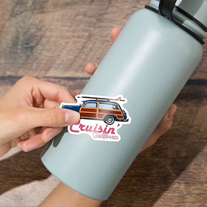 Cruisin' California, Retro Woody & Surfboard, Contour, Lantern Press Artwork, Vinyl Sticker - Lantern Press