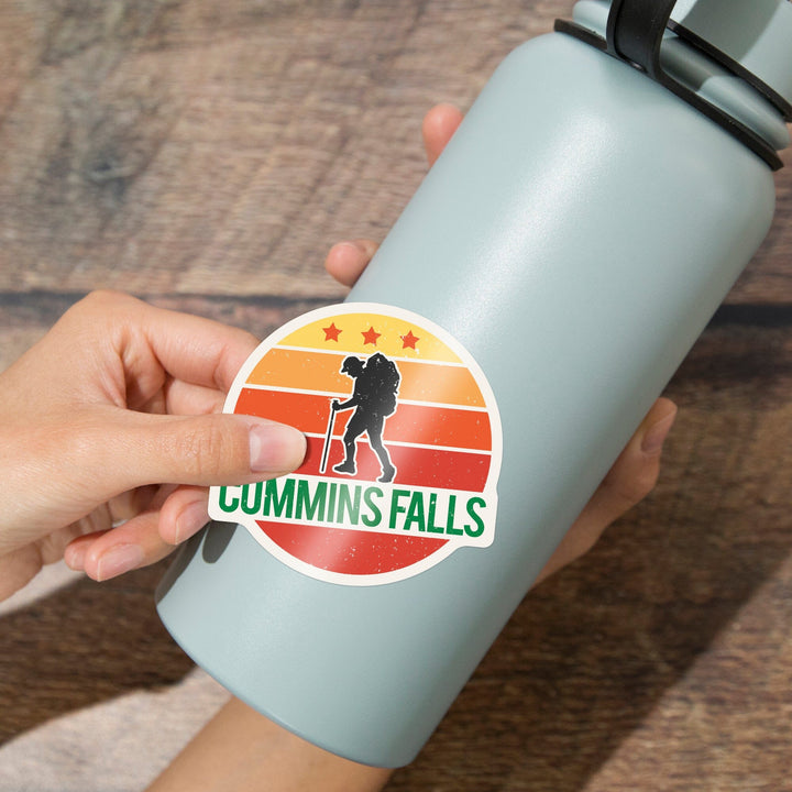 Cummins Falls, Tennessee, Sun, Contour, with Hiker, Vinyl Sticker - Lantern Press