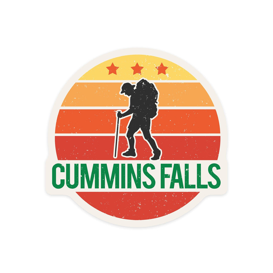 Cummins Falls, Tennessee, Sun, Contour, with Hiker, Vinyl Sticker - Lantern Press