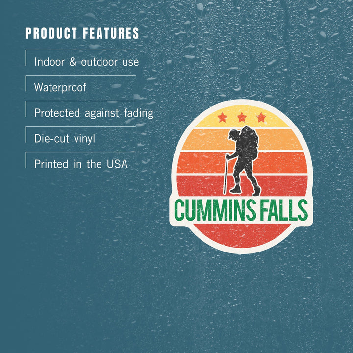 Cummins Falls, Tennessee, Sun, Contour, with Hiker, Vinyl Sticker - Lantern Press