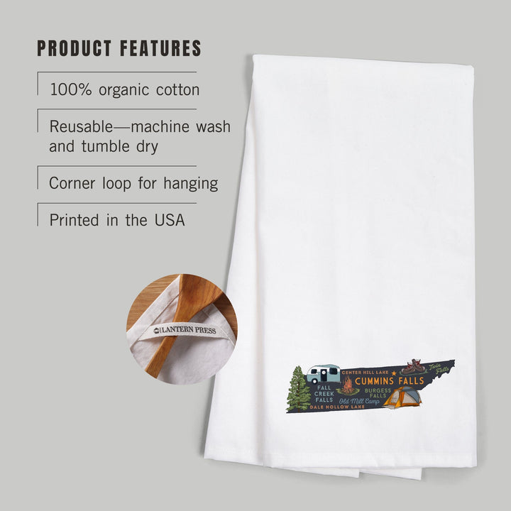 Cummins Falls, Tennessee, Typography and Icons, Contour, Organic Cotton Kitchen Tea Towels Kitchen Lantern Press 