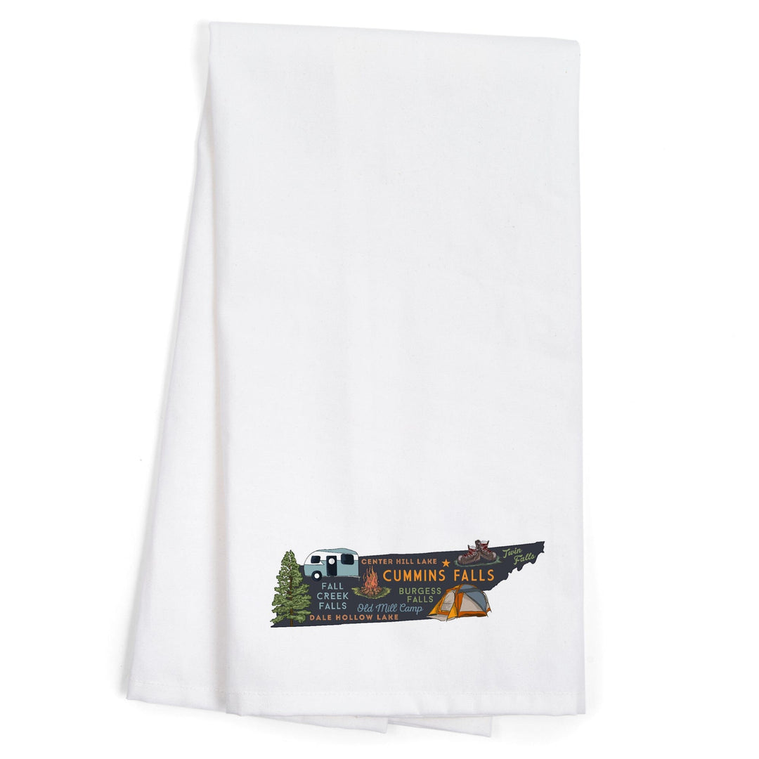 Cummins Falls, Tennessee, Typography and Icons, Contour, Organic Cotton Kitchen Tea Towels Kitchen Lantern Press 