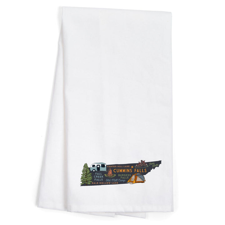 Cummins Falls, Tennessee, Typography and Icons, Contour, Organic Cotton Kitchen Tea Towels Kitchen Lantern Press 