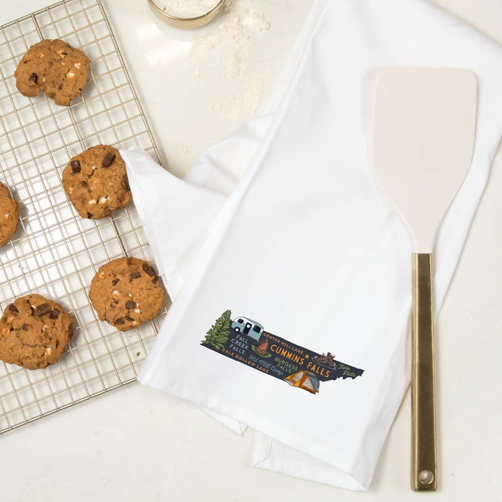 Cummins Falls, Tennessee, Typography and Icons, Contour, Organic Cotton Kitchen Tea Towels Kitchen Lantern Press 