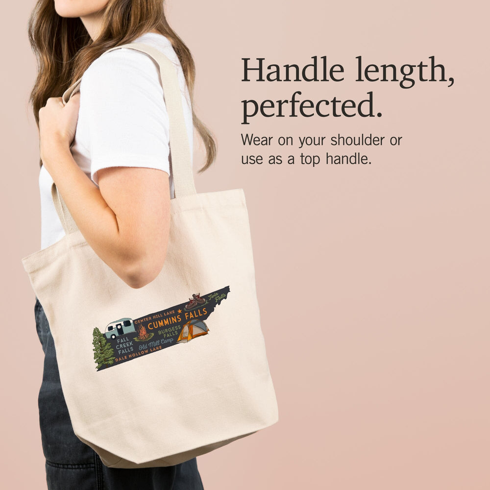 Cummins Falls, Tennessee, Typography and Icons,, Tote Bag Totes Lantern Press 