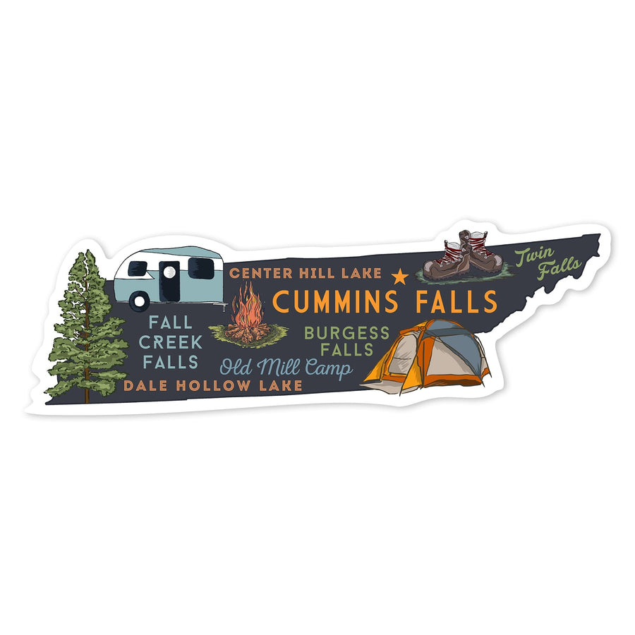 Cummins Falls, Tennessee, Typography & Icons, Contour, Lantern Press Artwork, Vinyl Sticker Sticker Lantern Press 