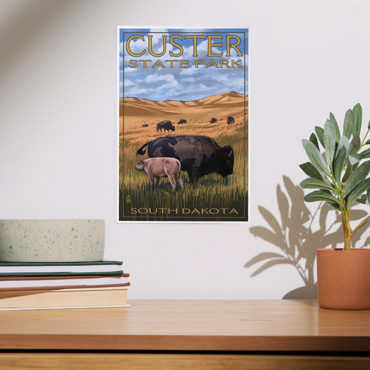 Custer Park, South Dakota, Buffalo Herd and Calf, Art & Giclee Prints Art Lantern Press 