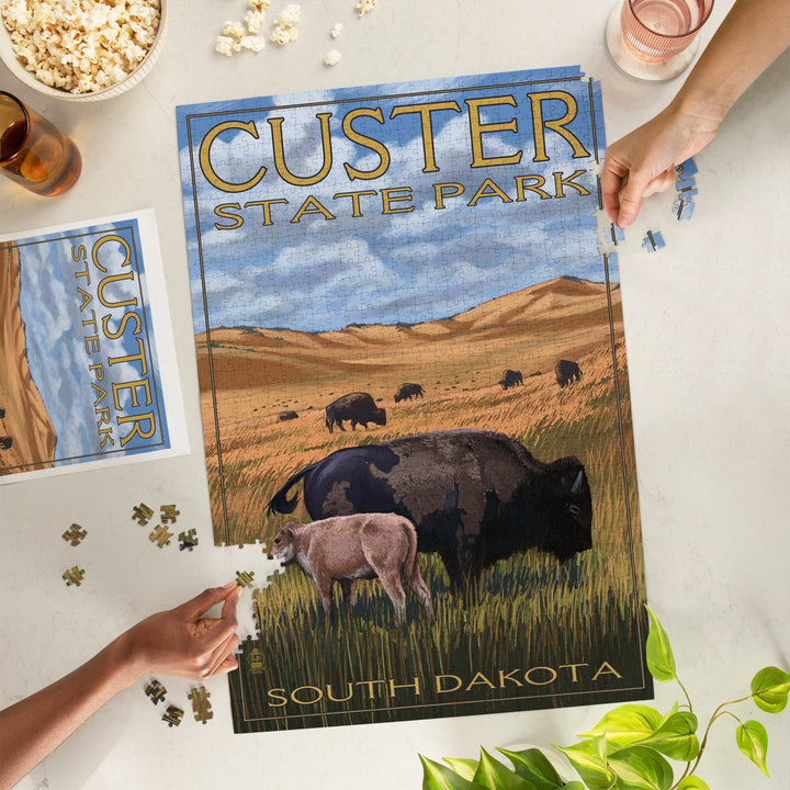 Custer Park, South Dakota, Buffalo Herd and Calf, Jigsaw Puzzle Puzzle Lantern Press 