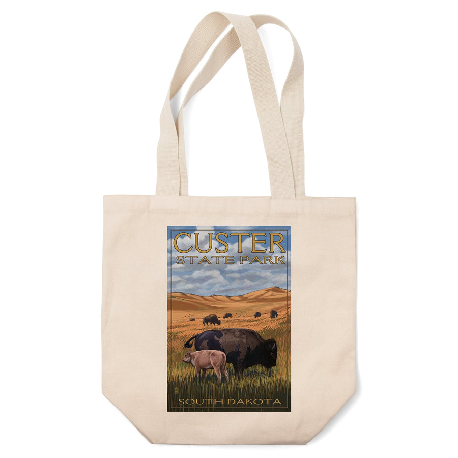 Custer Park, South Dakota, Buffalo Herd and Calf, Lantern Press Artwork, Tote Bag Totes Lantern Press 