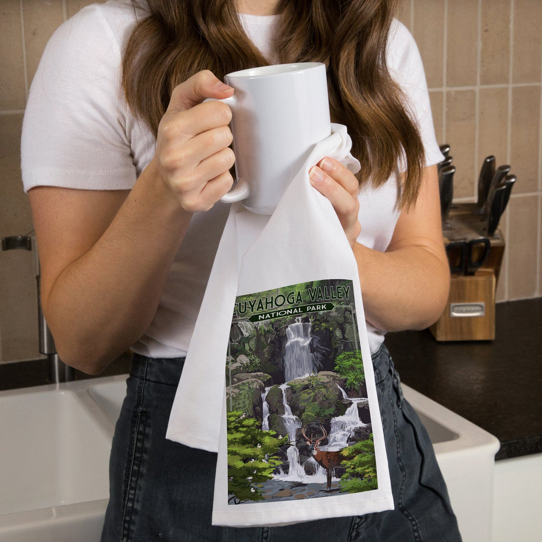 Cuyahoga Valley National Park, Ohio, Deer and Falls, Organic Cotton Kitchen Tea Towels Kitchen Lantern Press 