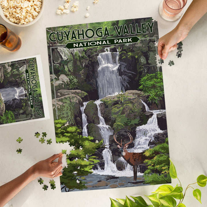 Cuyahoga Valley National Park, Ohio, Deer and Falls, Painterly Series, Jigsaw Puzzle Puzzle Lantern Press 