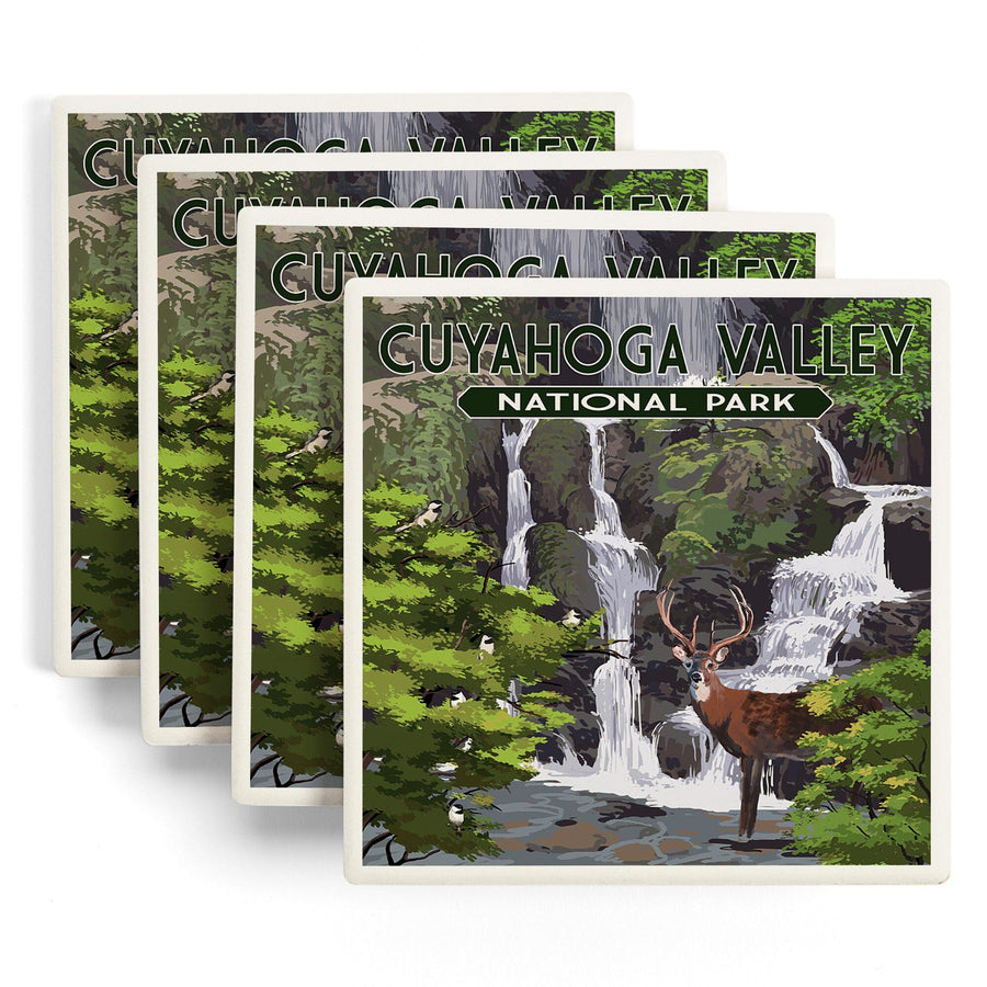 Cuyahoga Valley National Park, Ohio, Deer and Falls, Painterly Series, Lantern Press Artwork, Coaster Set - Lantern Press