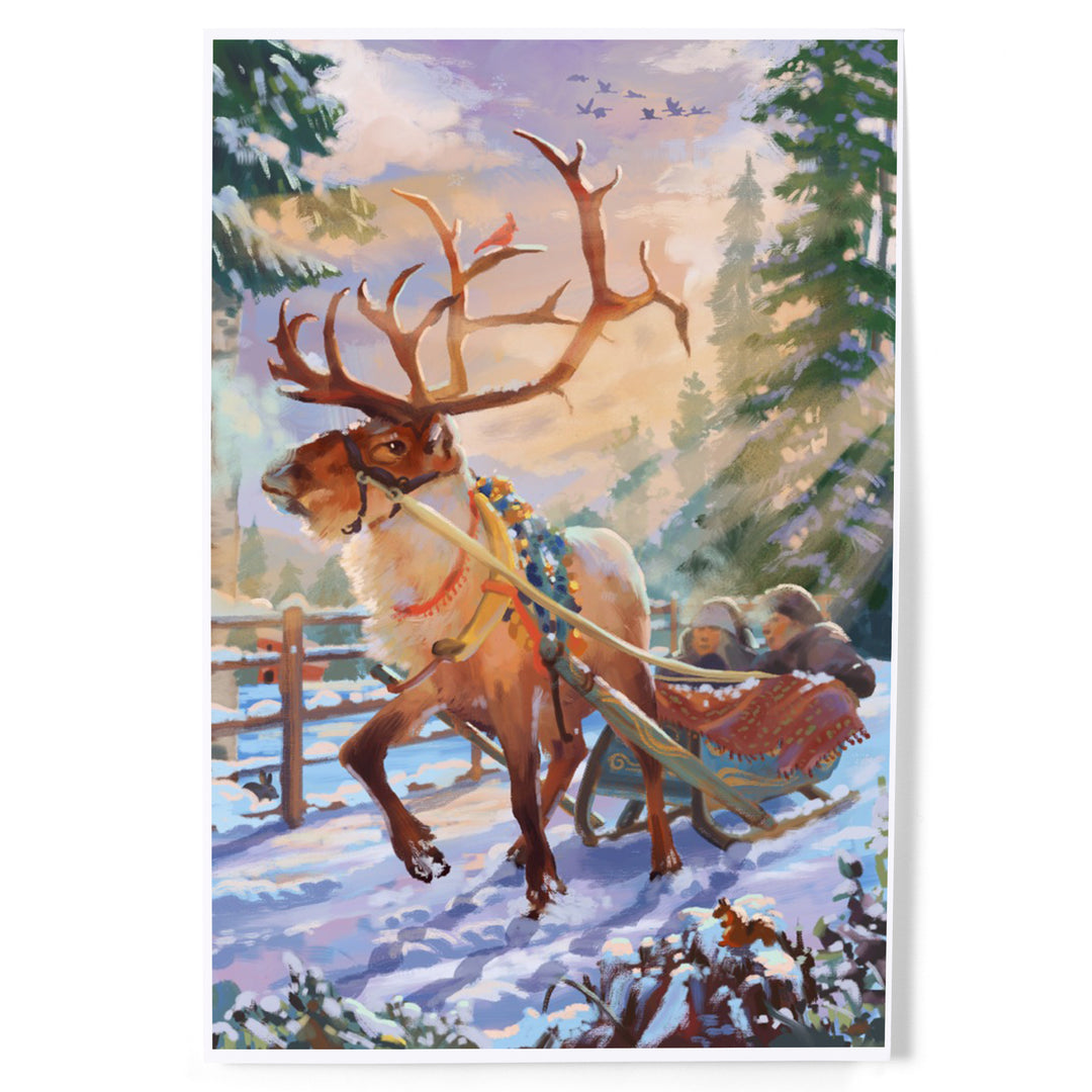 Holiday Tradition, Reindeer Sleigh Ride Through Mountain Snow, Art & Giclee Prints