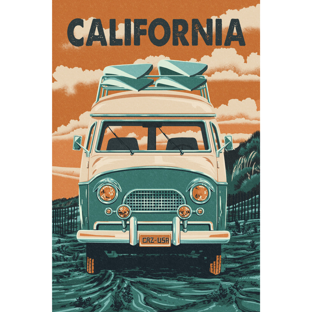 California, Letterpress, Camper Van, Stretched Canvas