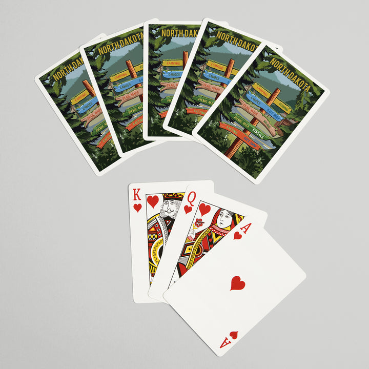 Playing Cards, North Dakota, Signpost, Forest and Camp, 52 Card Deck with Jokers in Box, Unique Art