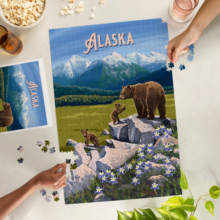 Alaska, Painterly, Bear and Cubs, 1000 Piece Jigsaw Puzzle