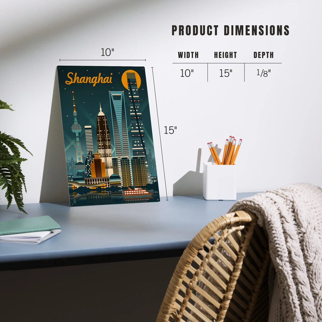 Shanghai, China, Retro Skyline, Wood Sign and Postcards