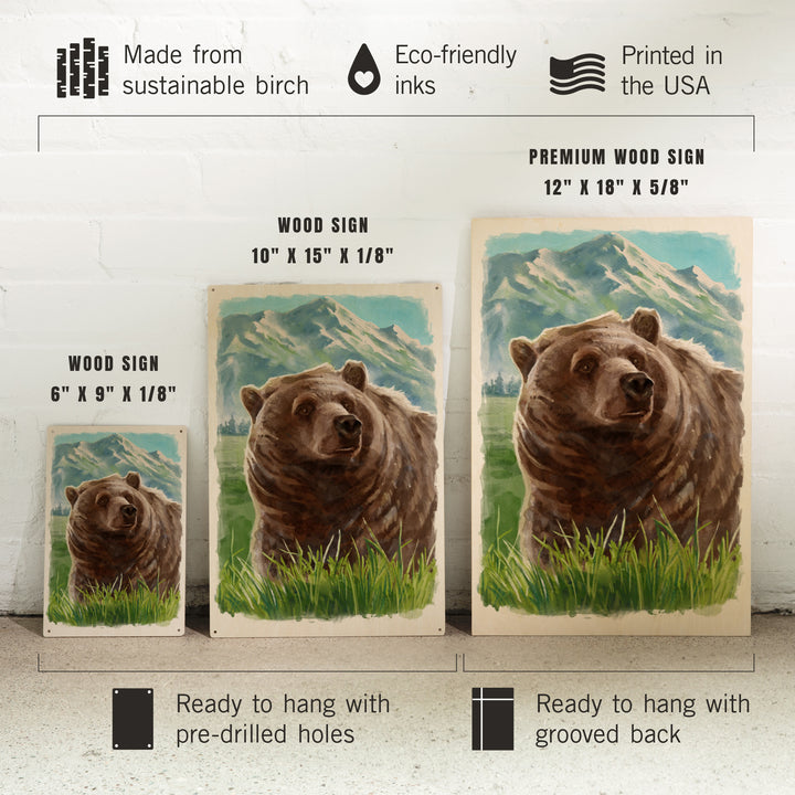Watercolor Study, Grizzly Bear with Mountain, Wood Signs and Postcards