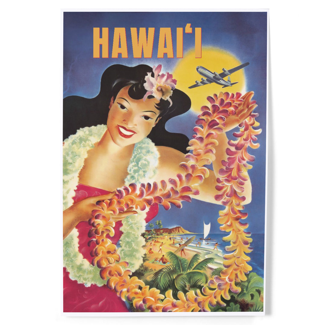 Hawaii, Vintage Beach and Lei, Art & Giclee Prints