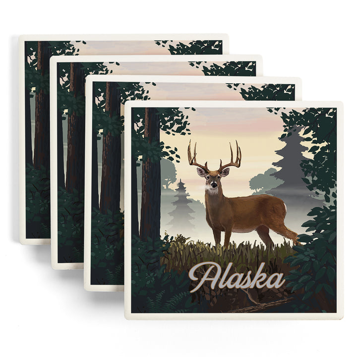 Alaska, Painterly, Deer and Sunrise, Coasters