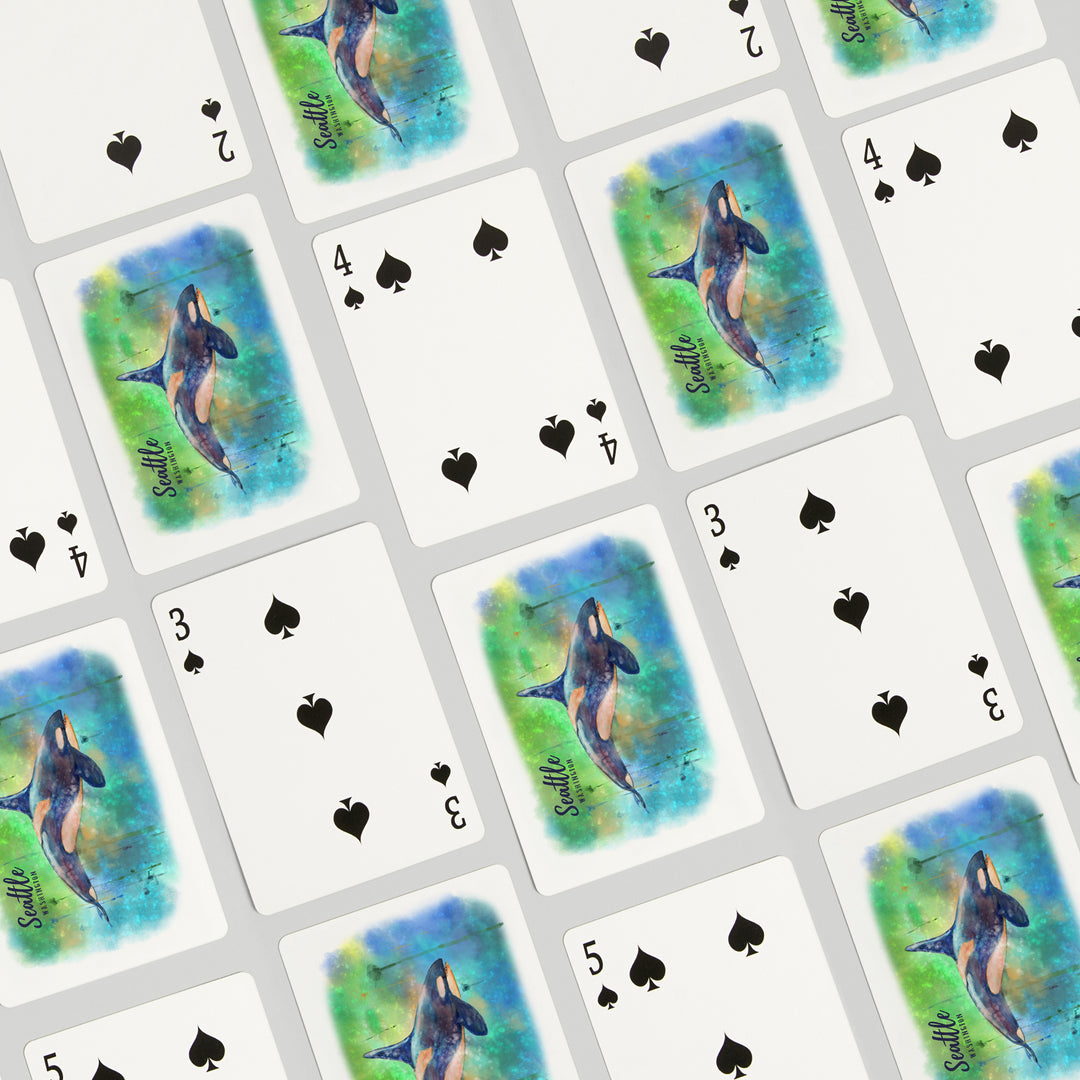 Playing Cards, Seattle, Washington, Orca, Watercolor, 52 Card Deck with Jokers in Box, Unique Art