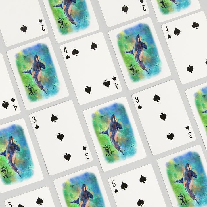 Playing Cards, Seattle, Washington, Orca, Watercolor, 52 Card Deck with Jokers in Box, Unique Art