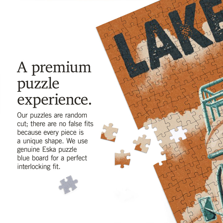 Lake Tahoe, California, Letterpress, Camper Van, Jigsaw Puzzle