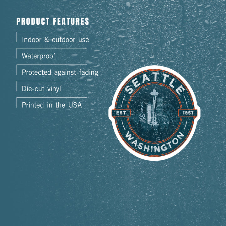 Seattle, Washington, Distressed Blue, Contour, Vinyl Sticker