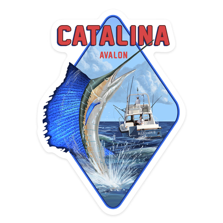 Catalina Island, California, Avalon, Sailfish Scene, Contour, Vinyl Sticker