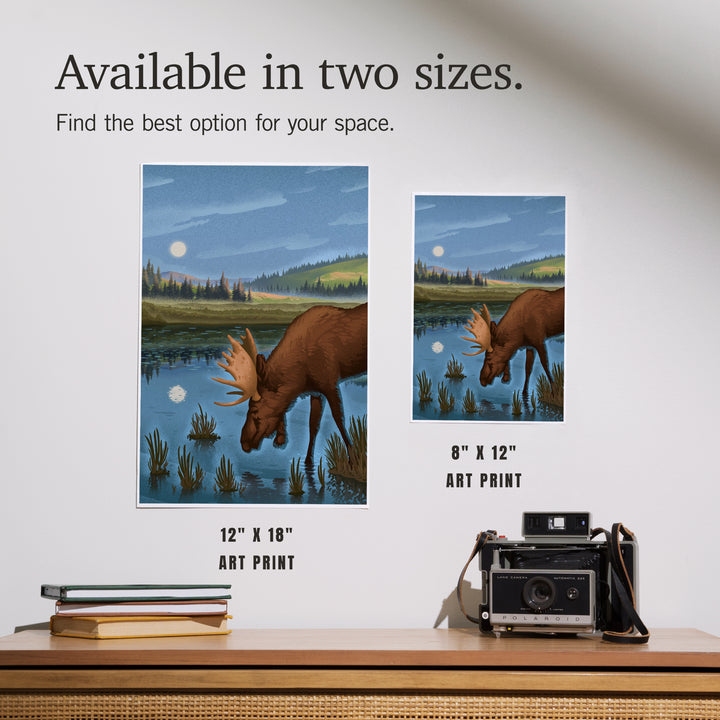 Lithograph, Reflection Pond and Bull Moose, Art & Giclee Prints - Lantern Press