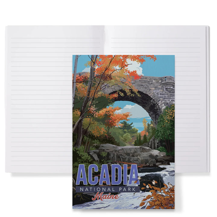 Lined 6x9 Journal, Acadia National Park, Maine, Stone Bridge Illustration, Lay Flat, 193 Pages, FSC paper