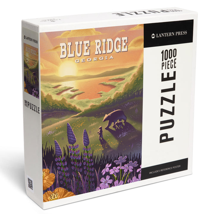 Blue Ridge, Georgia, Lithograph, Bear and Spring Flowers, Lake, Jigsaw Puzzle