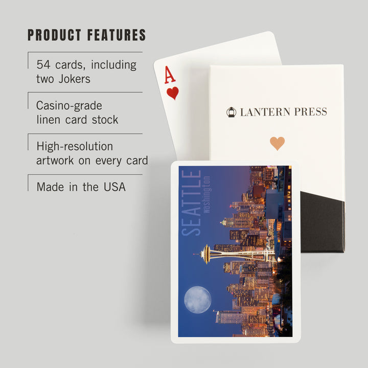 Playing Cards, Seattle, Washington, Skyline and Full Moon, 52 Card Deck with Jokers in Box, Unique Art