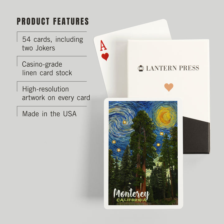Playing Cards, Monterey, California, Starry Night National Park Series, 52 Card Deck with Jokers in Box, Unique Art