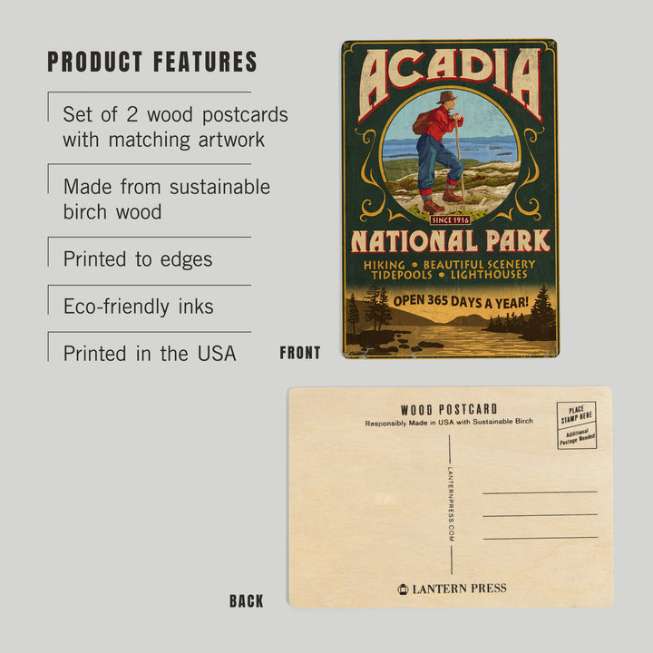 Acadia National Park, Maine, Vintage Hiker Sign, Wood Sign and Postcards