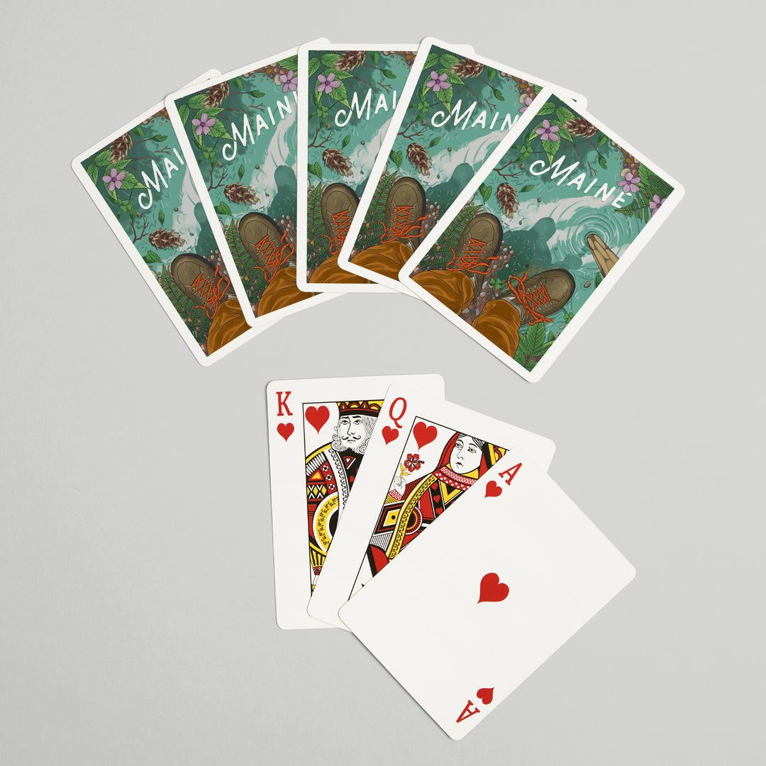 Playing Cards, Maine, Embrace the Elements Hiking, 52 Card Deck with Jokers in Box, Unique Art